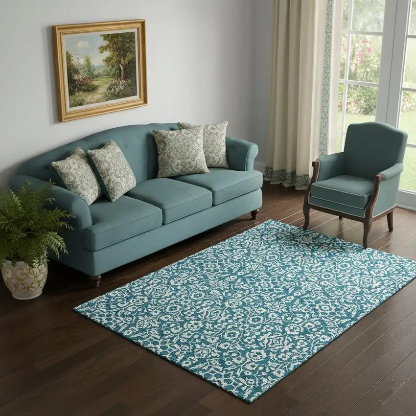 Teal And Ivory Damask Washable Area Rug With UV Protection Photo 1