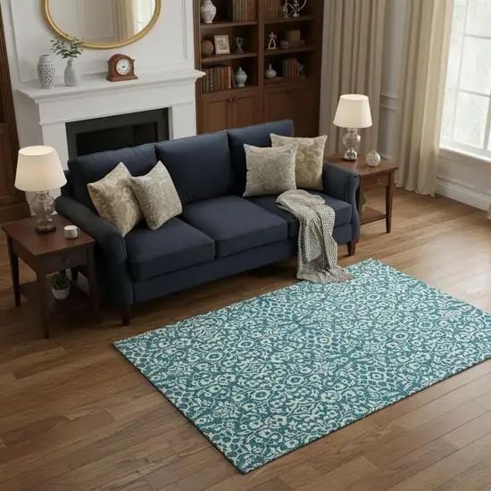 Teal And Ivory Damask Washable Area Rug With UV Protection Photo 2