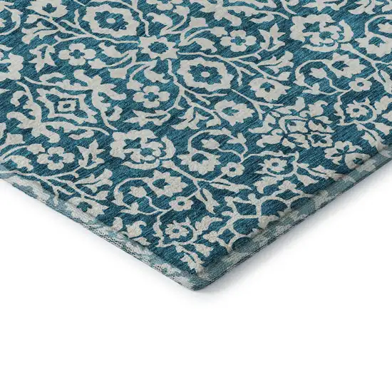 Teal And Ivory Damask Washable Area Rug With UV Protection Photo 7