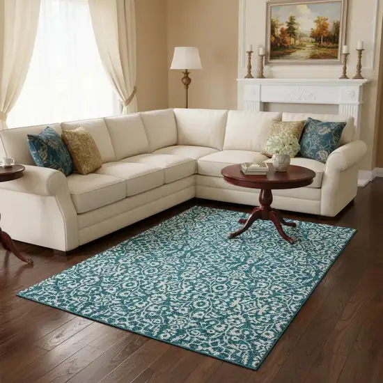 Teal And Ivory Damask Washable Area Rug With UV Protection Photo 2