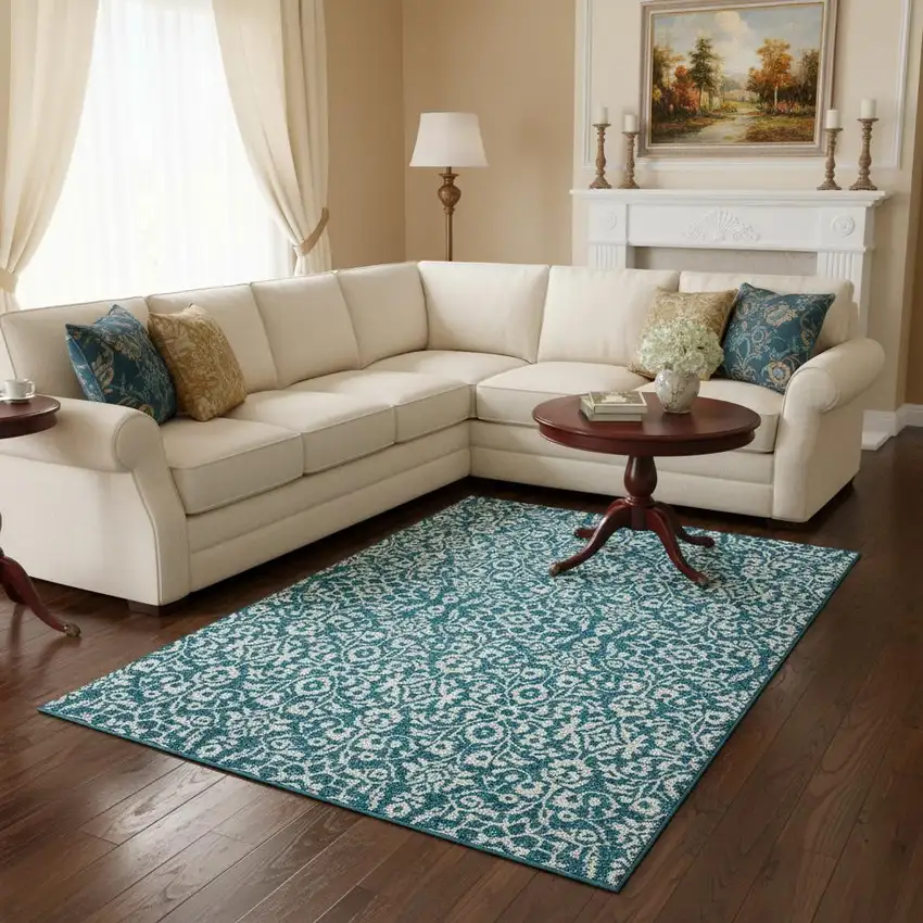 Teal And Ivory Damask Washable Area Rug With UV Protection Photo 2