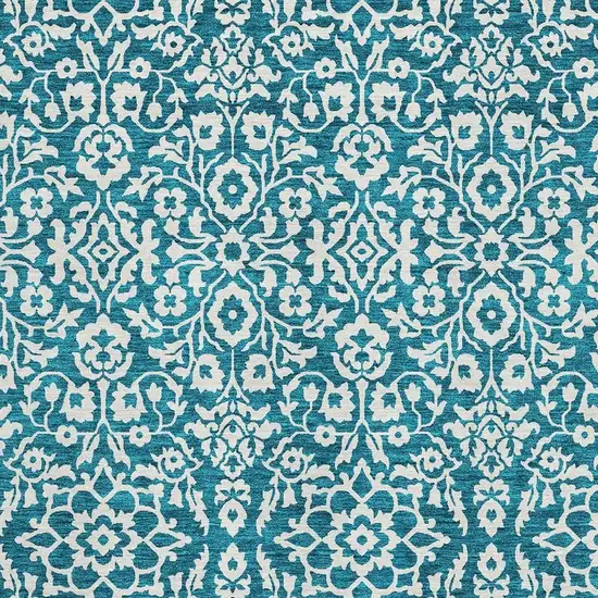 Teal And Ivory Damask Washable Area Rug With UV Protection Photo 3