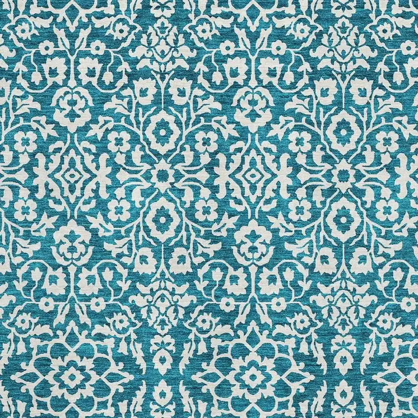 Teal And Ivory Damask Washable Area Rug With UV Protection Photo 3