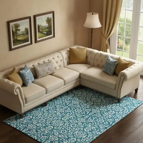 Teal And Ivory Damask Washable Area Rug With UV Protection Photo 1