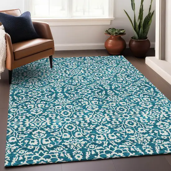Teal And Ivory Damask Washable Area Rug With UV Protection Photo 5