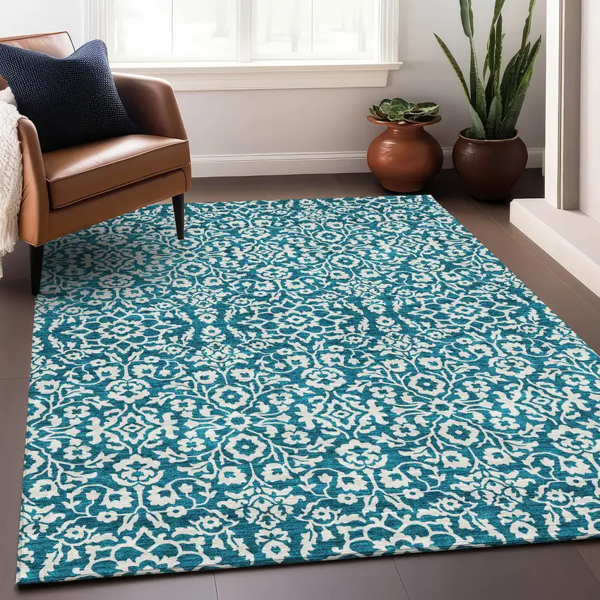 Teal And Ivory Damask Washable Area Rug With UV Protection Photo 5