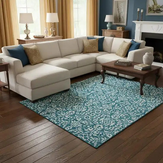 Teal And Ivory Damask Washable Area Rug With UV Protection Photo 2