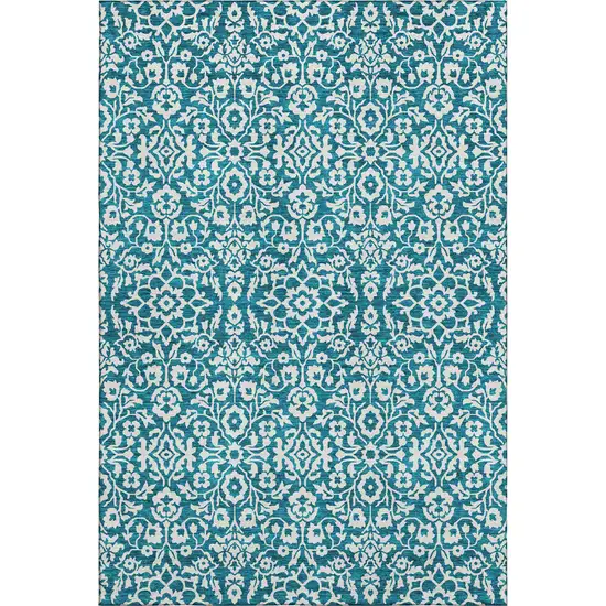 Teal And Ivory Damask Washable Area Rug With UV Protection Photo 1