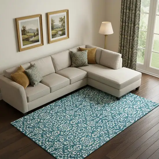 Teal And Ivory Damask Washable Area Rug With UV Protection Photo 1