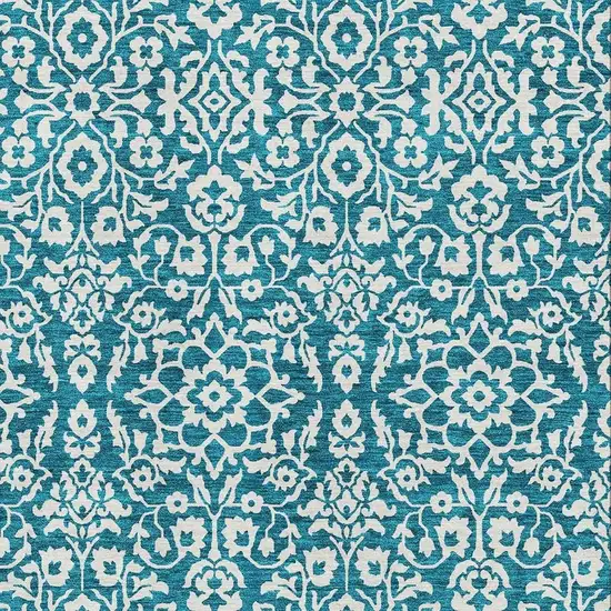Teal And Ivory Damask Washable Area Rug With UV Protection Photo 3