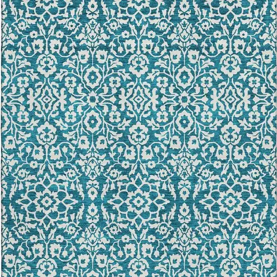 Teal And Ivory Damask Washable Area Rug With UV Protection Photo 4