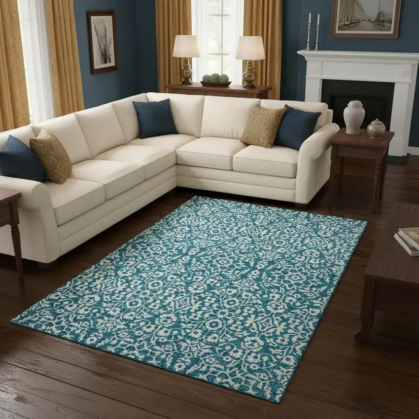 Teal And Ivory Damask Washable Area Rug With UV Protection Photo 2