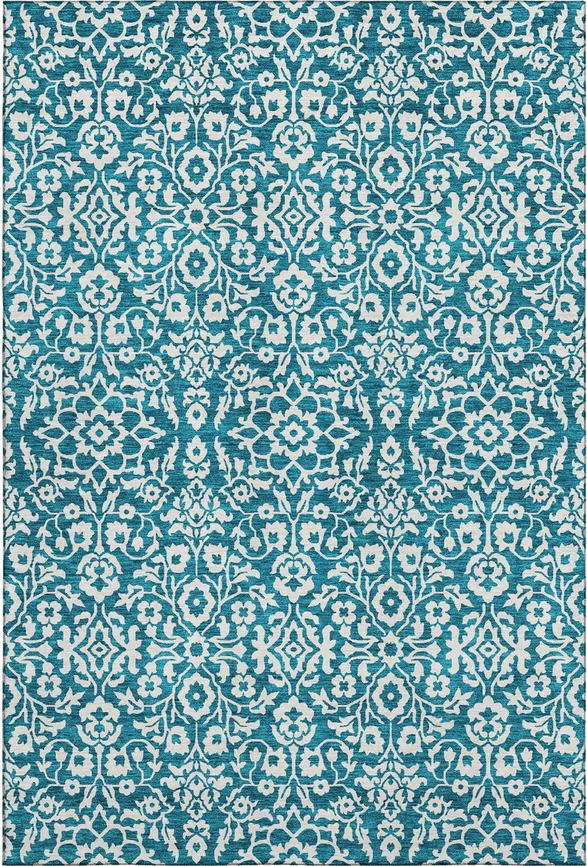 Teal And Ivory Damask Washable Area Rug With UV Protection Photo 1