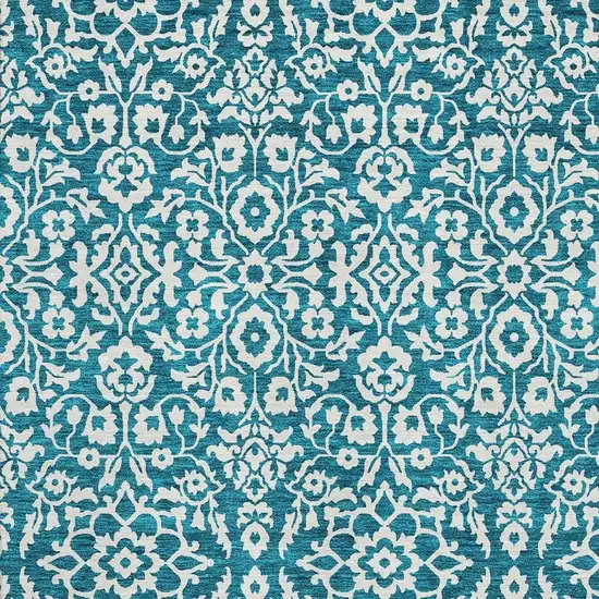 Teal And Ivory Damask Washable Area Rug With UV Protection Photo 3