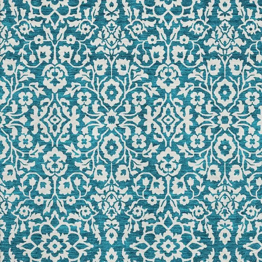 Teal And Ivory Damask Washable Area Rug With UV Protection Photo 3