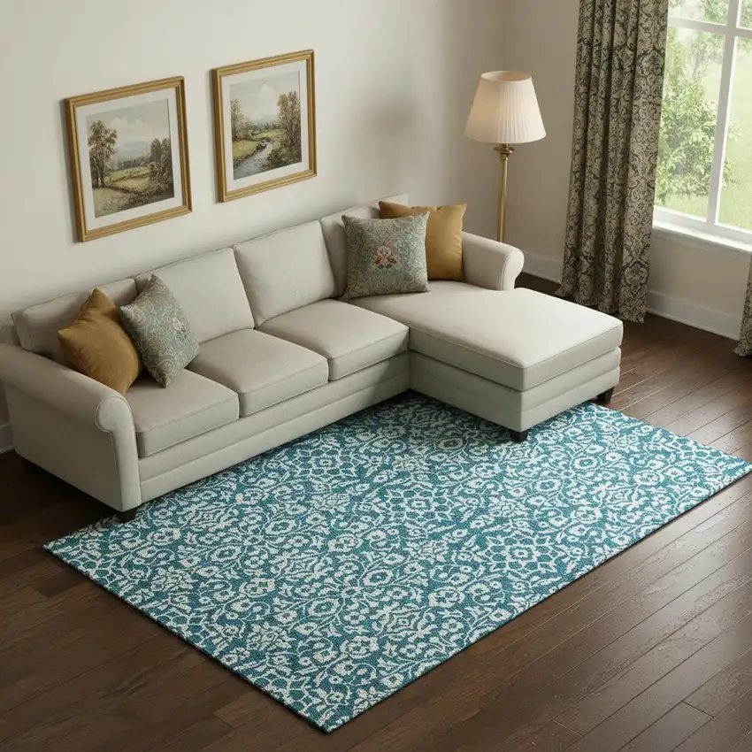 Teal And Ivory Damask Washable Area Rug With UV Protection Photo 1