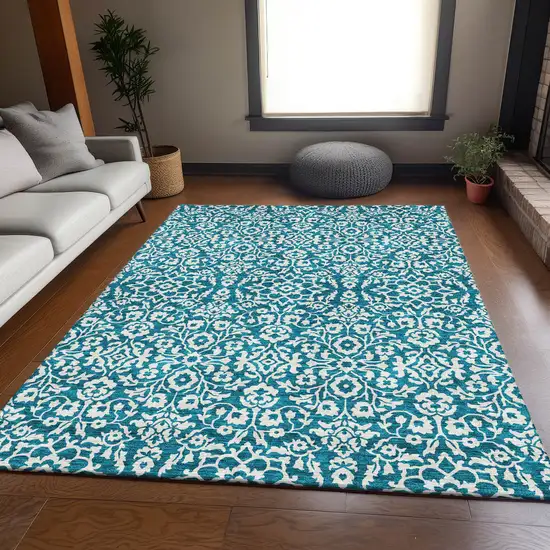 Teal And Ivory Damask Washable Area Rug With UV Protection Photo 6