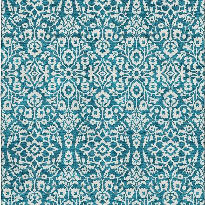 Teal And Ivory Damask Washable Area Rug With UV Protection Photo 4