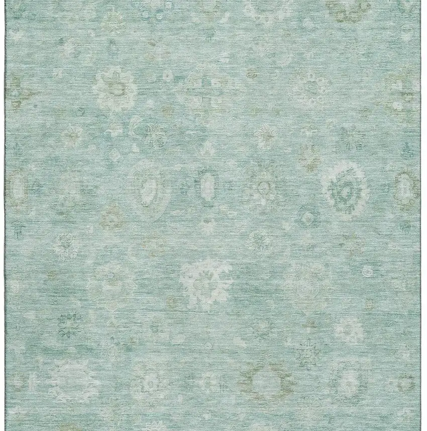 Teal And Ivory Damask Washable Area Rug With UV Protection Photo 3