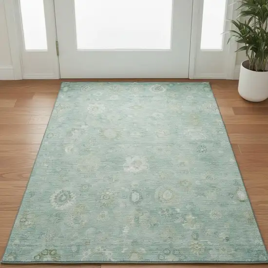 Teal And Ivory Damask Washable Area Rug With UV Protection Photo 2