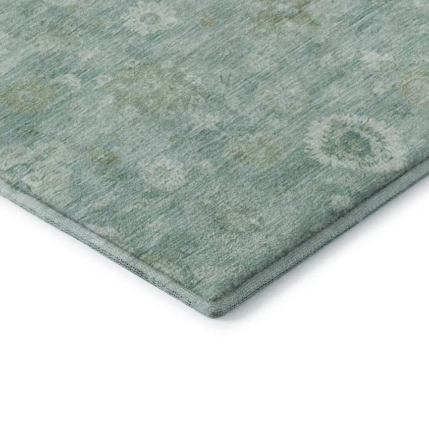 Teal And Ivory Damask Washable Area Rug With UV Protection Photo 7