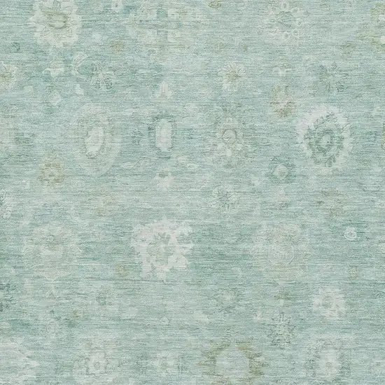 Teal And Ivory Damask Washable Area Rug With UV Protection Photo 2