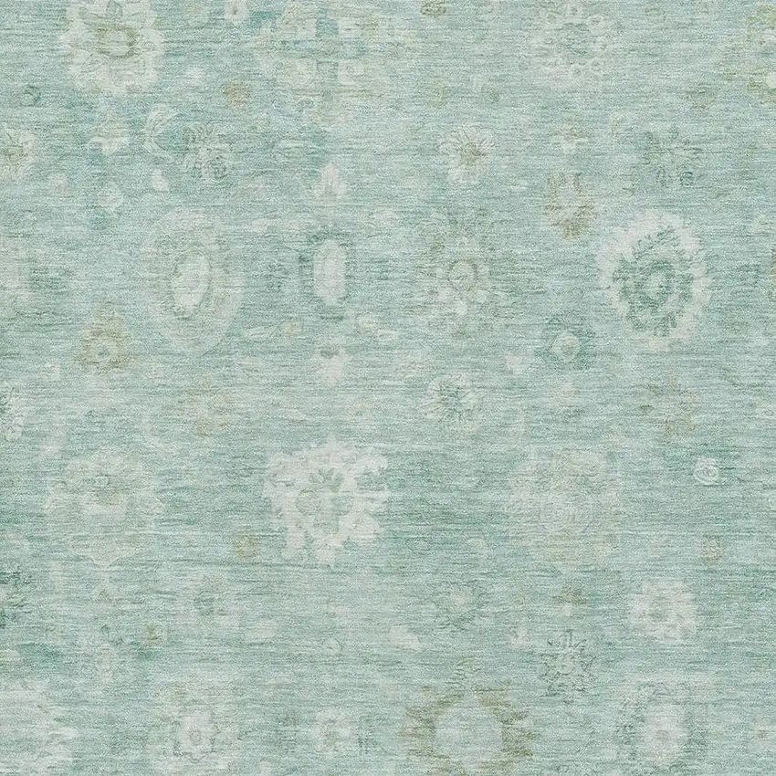 Teal And Ivory Damask Washable Area Rug With UV Protection Photo 2