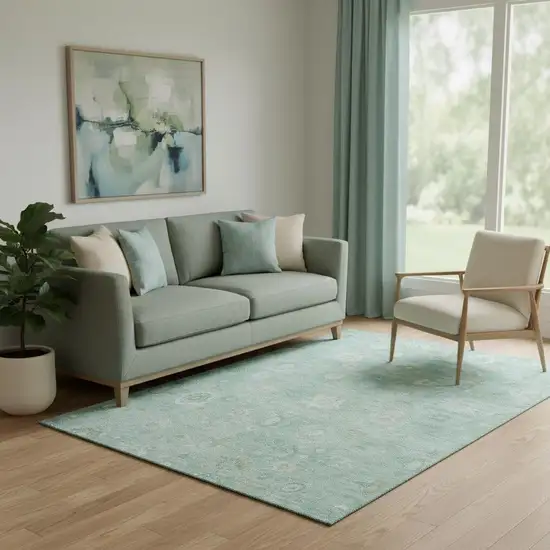 Teal And Ivory Damask Washable Area Rug With UV Protection Photo 2