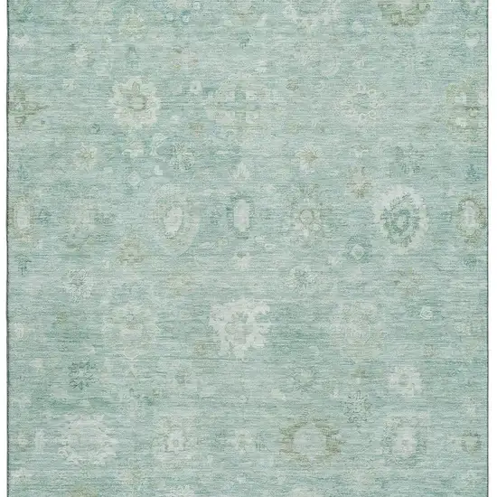 Teal And Ivory Damask Washable Area Rug With UV Protection Photo 3