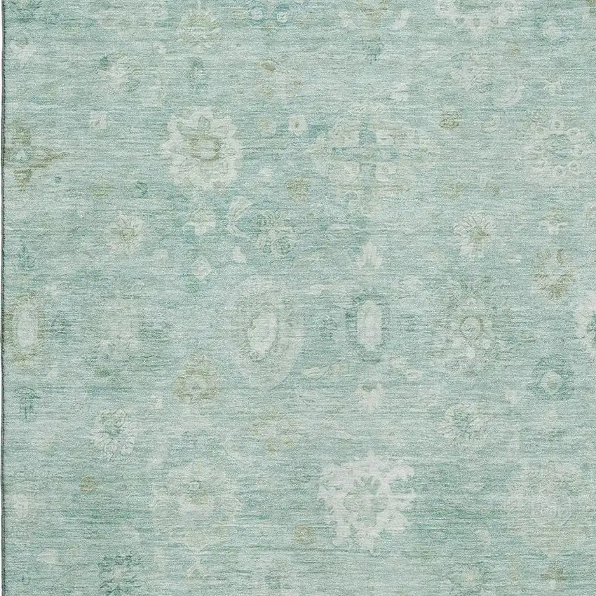 Teal And Ivory Damask Washable Area Rug With UV Protection Photo 2