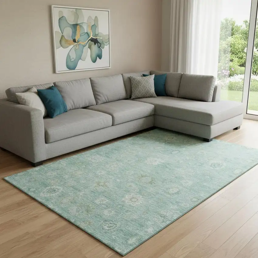 Teal And Ivory Damask Washable Area Rug With UV Protection Photo 2