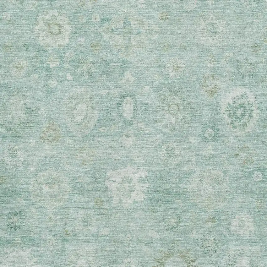 Teal And Ivory Damask Washable Area Rug With UV Protection Photo 2