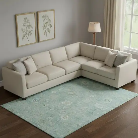 Teal And Ivory Damask Washable Area Rug With UV Protection Photo 2