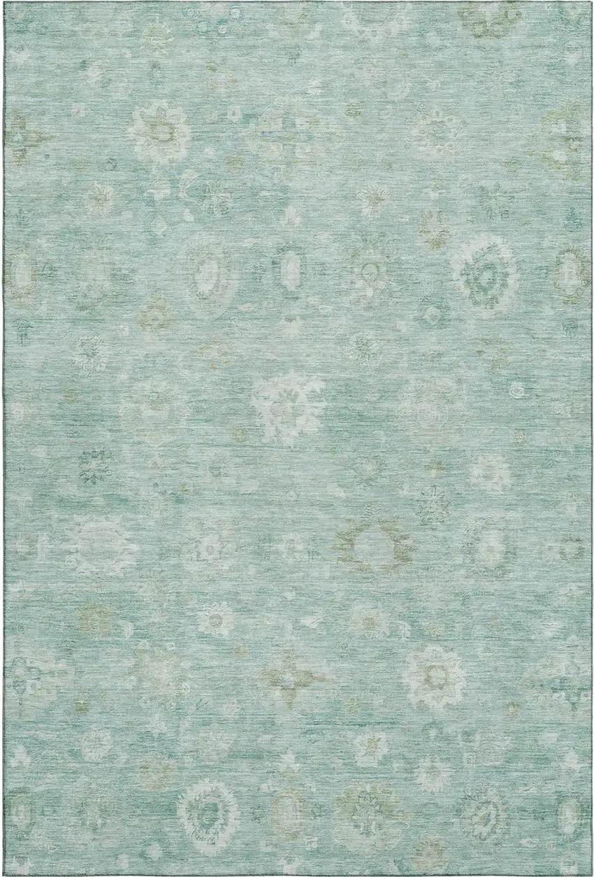 Teal And Ivory Damask Washable Area Rug With UV Protection Photo 1
