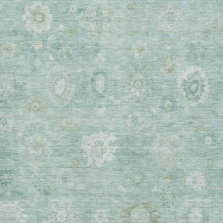 Teal And Ivory Damask Washable Area Rug With UV Protection Photo 2