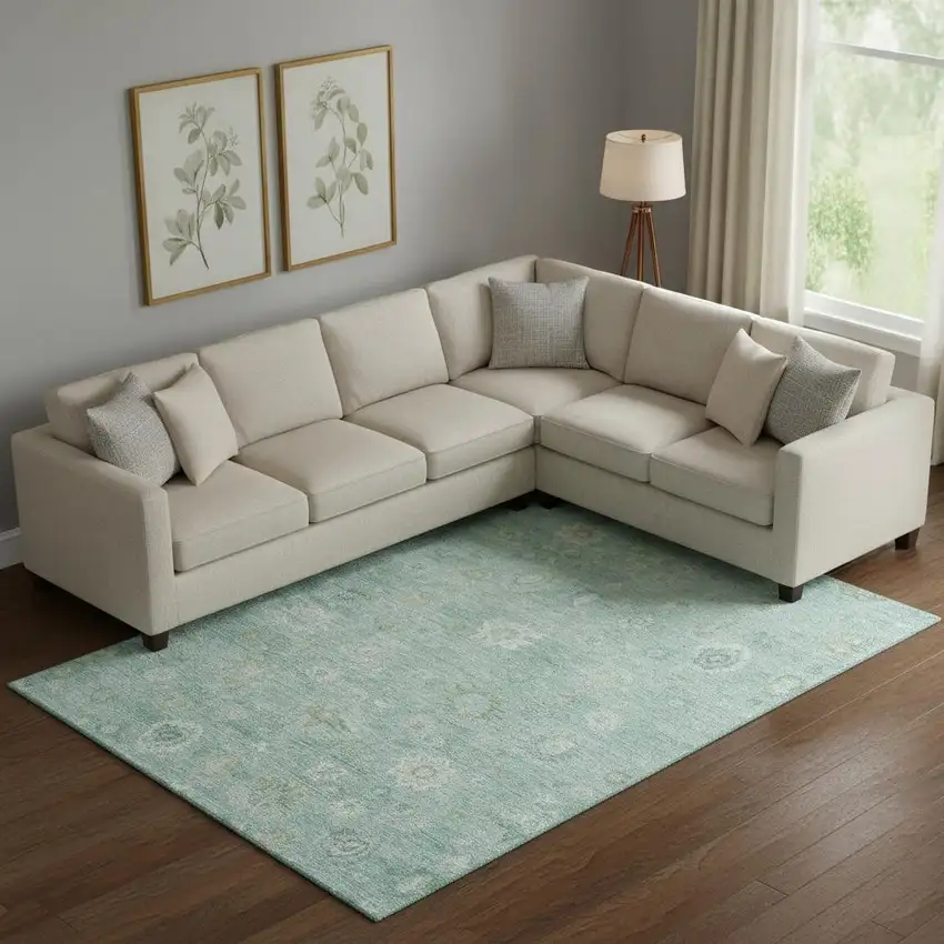 Teal And Ivory Damask Washable Area Rug With UV Protection Photo 2