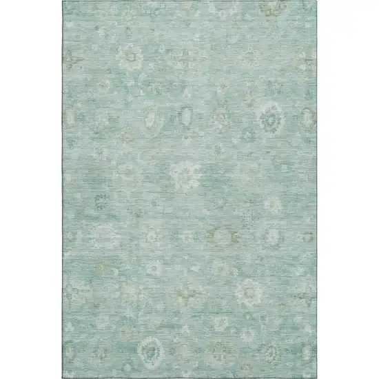 Teal And Ivory Damask Washable Area Rug With UV Protection Photo 1