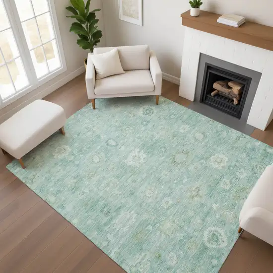 Teal And Ivory Damask Washable Area Rug With UV Protection Photo 4