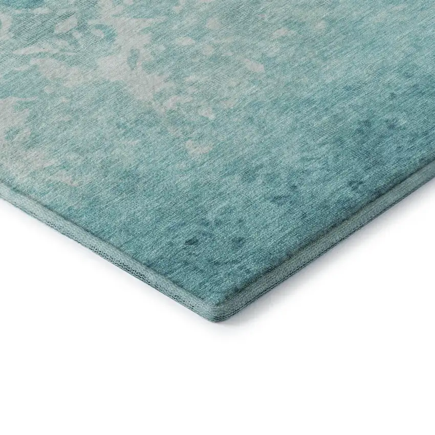 Teal And Ivory Damask Washable Area Rug With UV Protection Photo 8