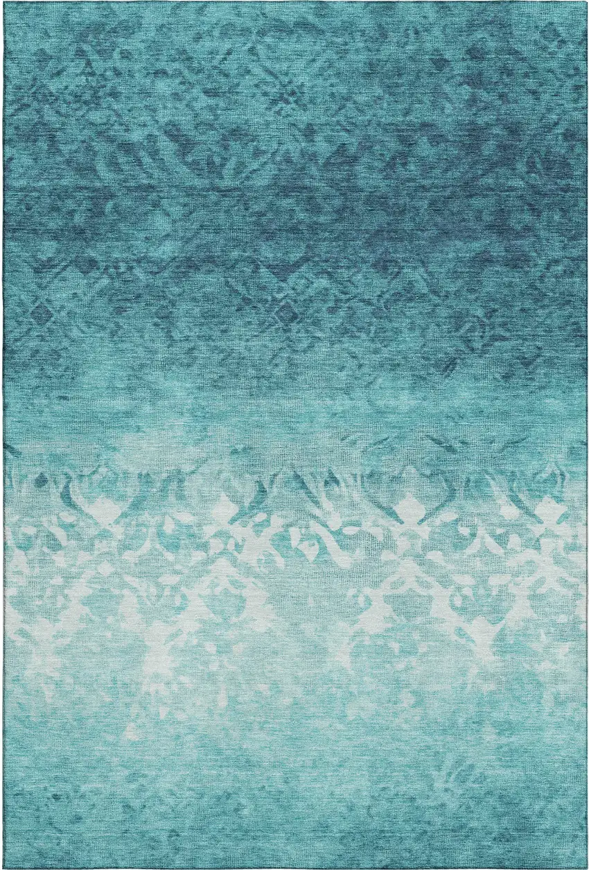 Teal And Ivory Damask Washable Area Rug With UV Protection Photo 1