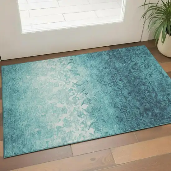 Teal And Ivory Damask Washable Area Rug With UV Protection Photo 2