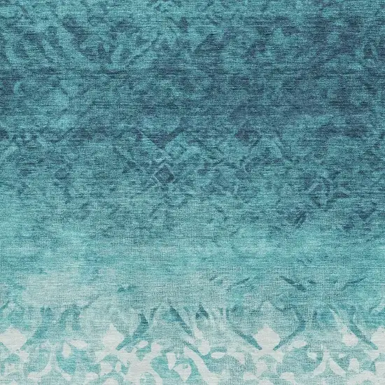 Teal And Ivory Damask Washable Area Rug With UV Protection Photo 3
