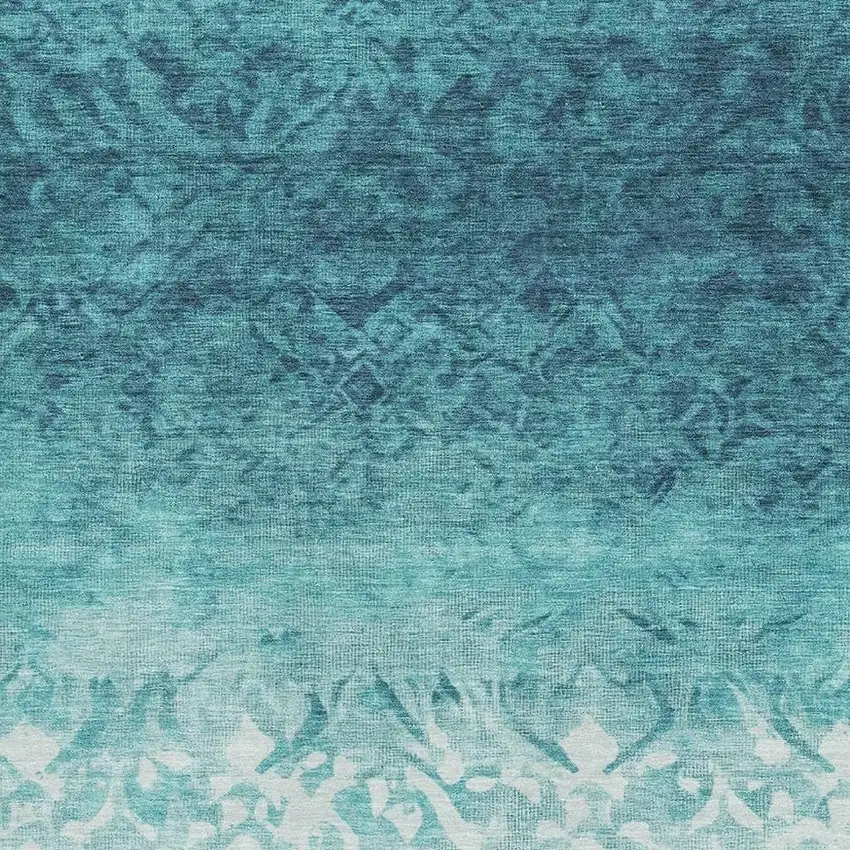 Teal And Ivory Damask Washable Area Rug With UV Protection Photo 3