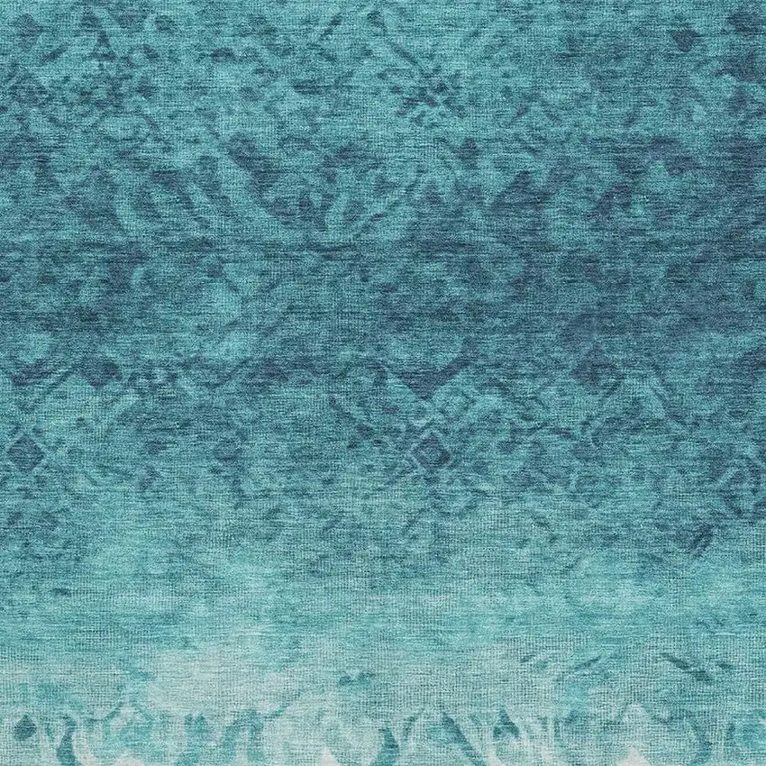 Teal And Ivory Damask Washable Area Rug With UV Protection Photo 3
