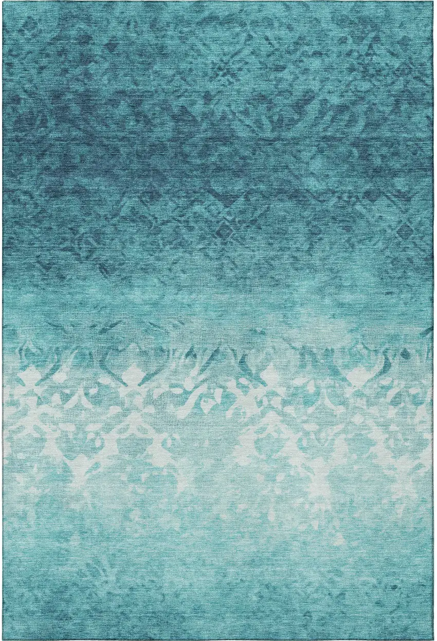 Teal And Ivory Damask Washable Area Rug With UV Protection Photo 4