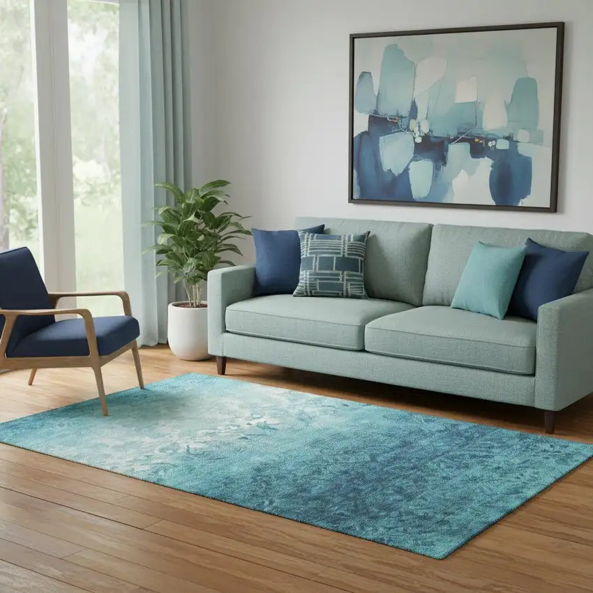 Teal And Ivory Damask Washable Area Rug With UV Protection Photo 2