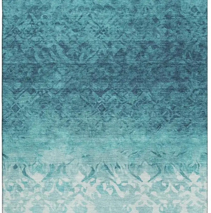 Teal And Ivory Damask Washable Area Rug With UV Protection Photo 4