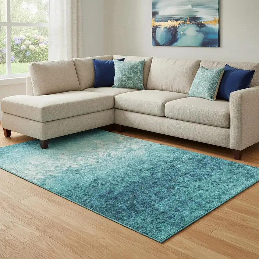 Teal And Ivory Damask Washable Area Rug With UV Protection Photo 2