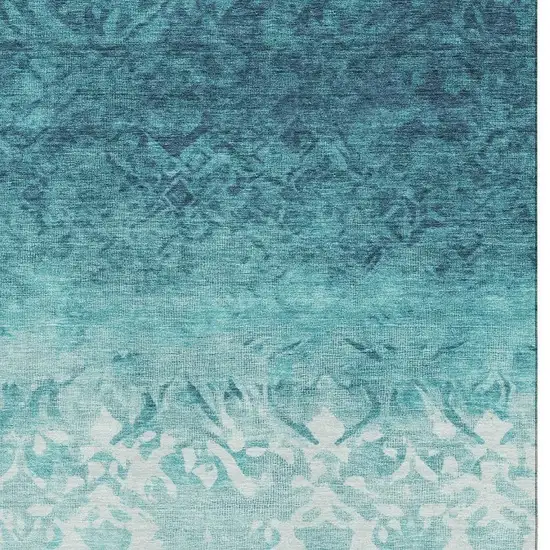 Teal And Ivory Damask Washable Area Rug With UV Protection Photo 3