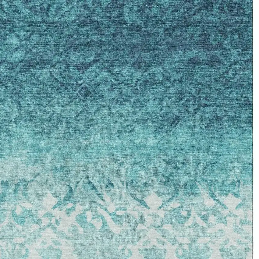 Teal And Ivory Damask Washable Area Rug With UV Protection Photo 3